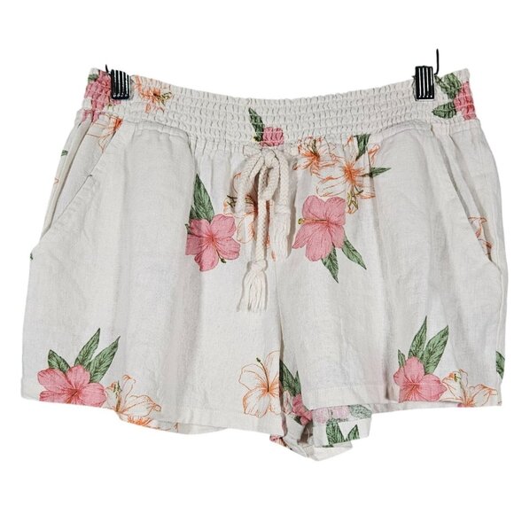 Floral Linen Blend Elastic Waist Shorts With Drawstring & Pockets By Bebop XL - Picture 1 of 14